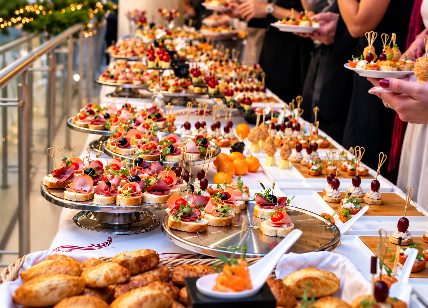 Mesa de evento com diversos finger foods