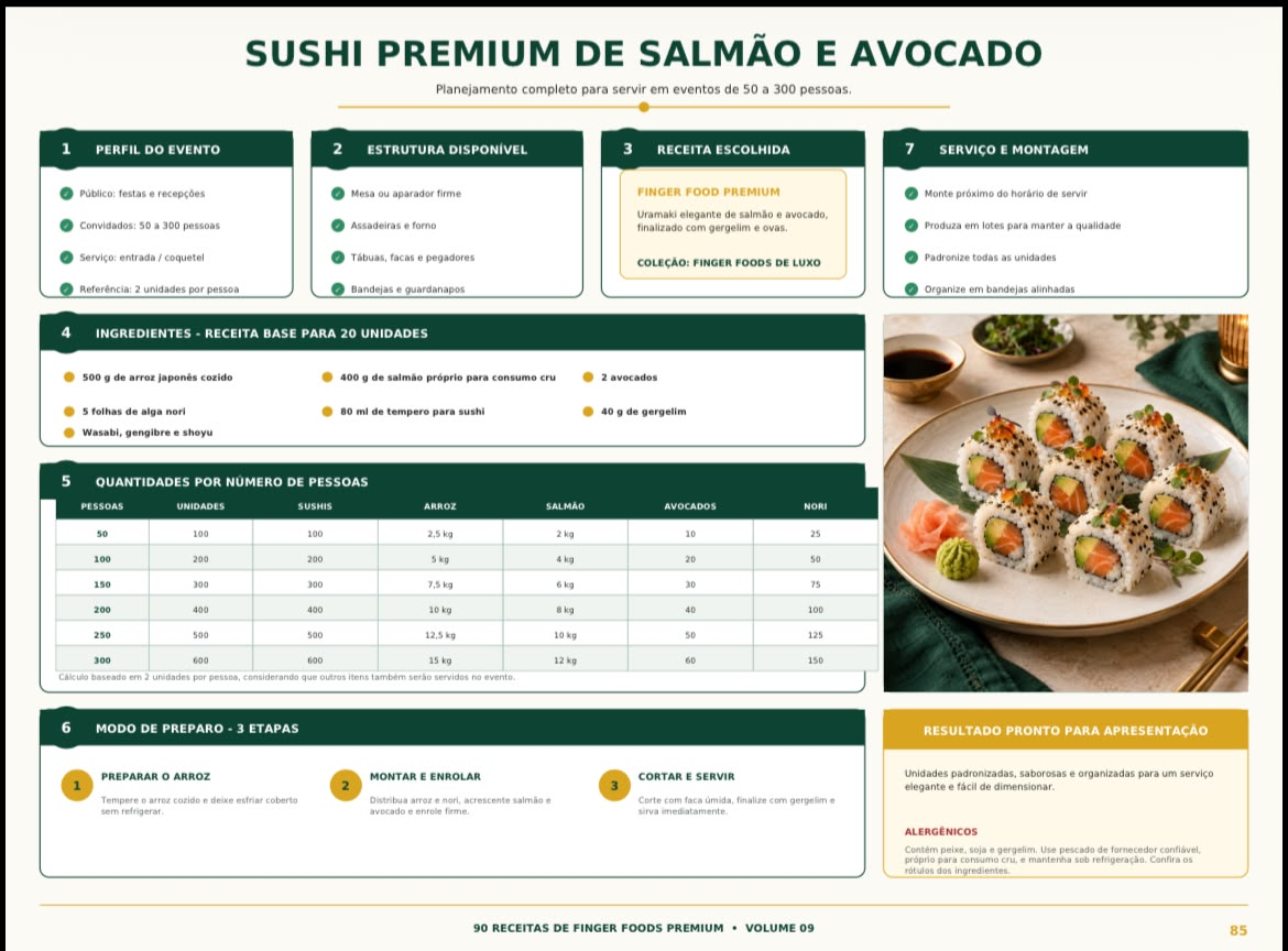 Página da receita de sushi premium de salmão e avocado